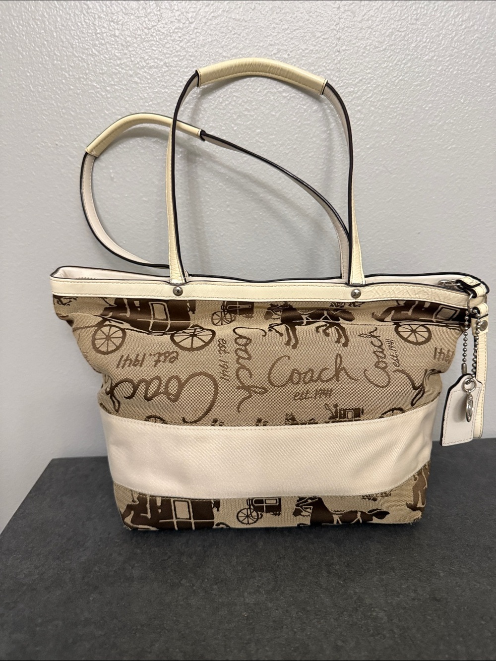 Coach Tan and Cream Signature horse and carriage  Canvas Tote